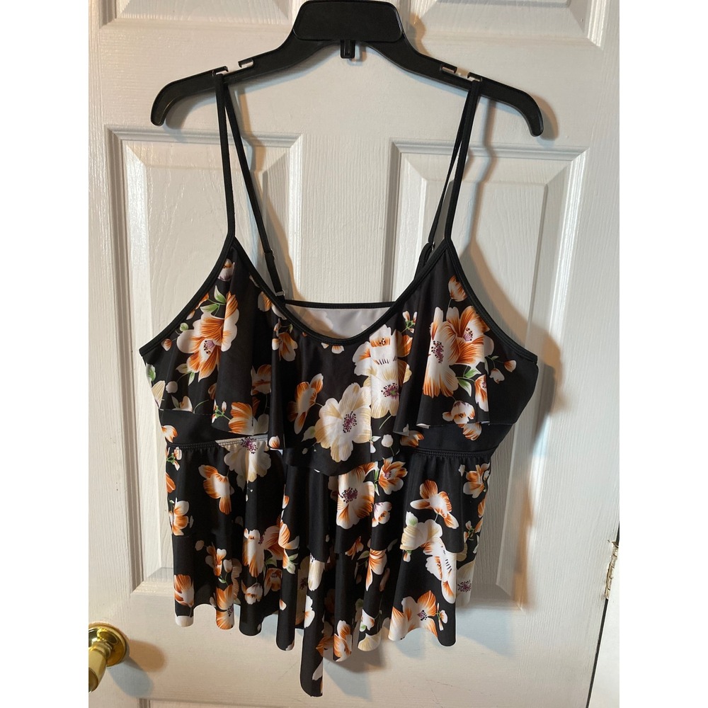 SHEIN Black Floral Tiered Ruffle Tankini Swim Top Adjustable Straps 3XL